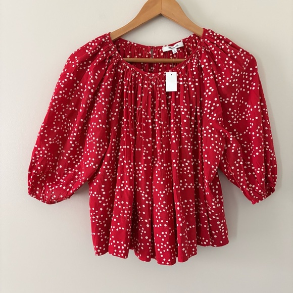 Madewell Shirred Puff-Sleeve Top Polka Dot Red White Size Medium - Picture 12 of 14